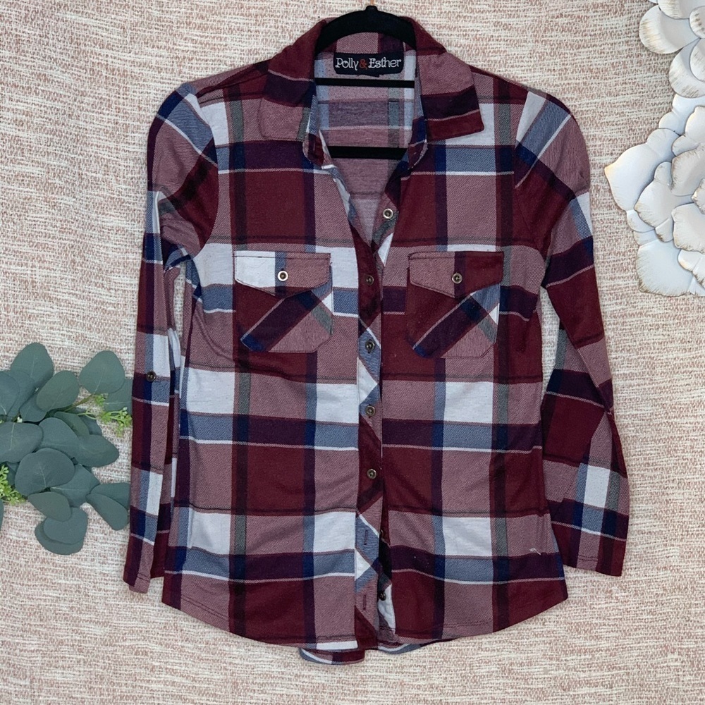 [Polly & Esther] Printed Plaid Button Down Shirt